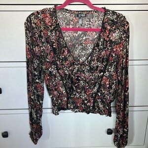 NWOT Aqua long sleeve floral blouse with gold thread detailing size S